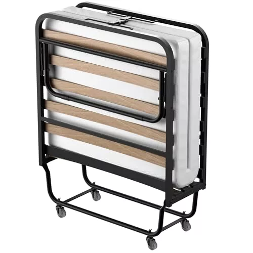 DEWINNER Cama Plegable 90x190 | Cama para 1 Persona con Colchón de 10 cm | Somier Individual de Listones de Madera de 90 x 190 | Camas Ahorra Espacio con Ruedas | Cama con Colchon Plegable