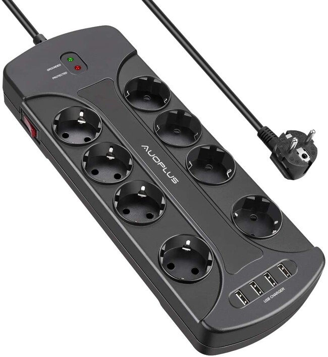 Ladron Enchufes BESTEK Regleta Enchufes Con 4 Tomas Con Interruptores Individuales (1,8 M, 3600w, Protección Para Niños), Color Negro Con Luz Azul Regleta Usb Carga Rapida 3.0