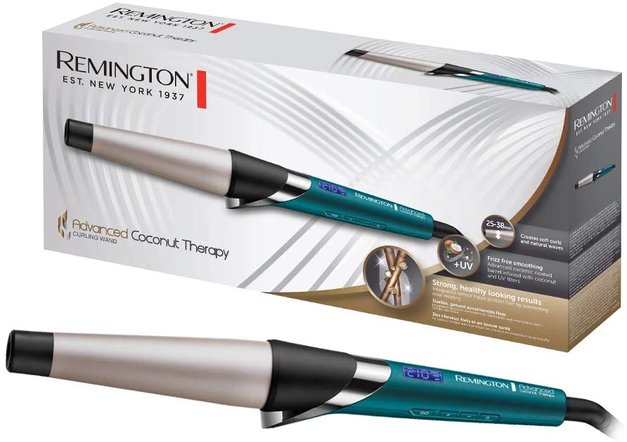 Remington Advanced Coconut Therapy Rizador de Pelo - Barril de 25-38 mm, Cerámica, 5 Ajustes, Hasta 210 °C, Digital, Azul - CI86X8