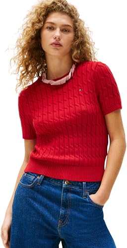 Tommy Hilfiger Jersey Mujer Cable Manga Corta, Multicolor (Medium Red), S