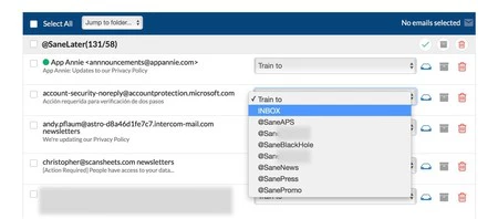 SaneBox の Web サイトから、最初にメールの送信先を学習するようにサービスをトレーニングできます。