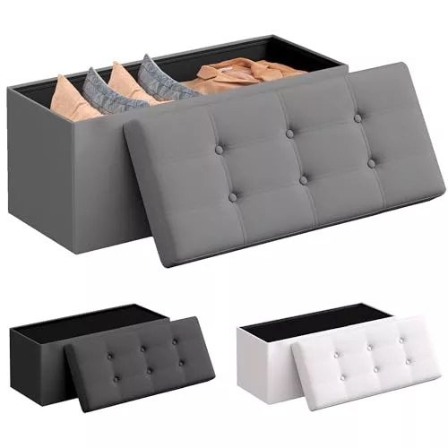 JUPPLIES Puff de Almacenaje 80 L, 76 x 38 x 38 cm - Baúl de Almacenamiento con Tapizado PVC, Plegable y Acolchado - Banco con Tapa Soporta 300 kg para Dormitorio, Salón o Vestidor - Gris