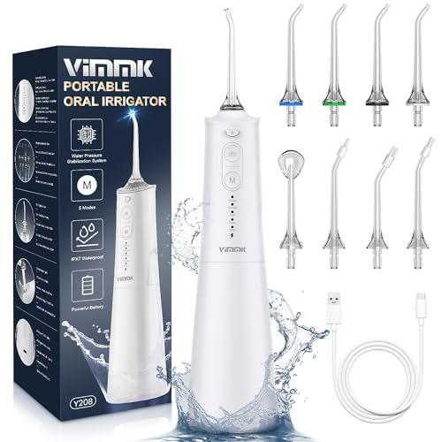 Irrigador Bucal Portatil Vimmk sin cables 8 Boquillas 5 Modos, IPX7 Impermeable 300ML USB-C 