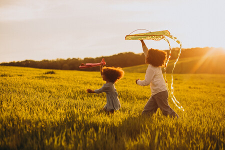 Brother And Sister Playing With Kite And Plane At The Field On The Sunset