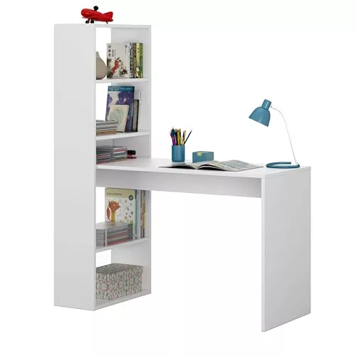 Habitdesign Mesa de Ordenador, Escritorio con Estanteria Reversible, Blanco Artik, Modelo Duplo, Medidas: 120 cm (Ancho) x 53 cm (Fondo) x 144 cm (Alto)