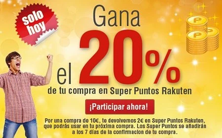 Rakuten te ofrece un 20 % de descuento en puntos para próximas compras ¡Solo hoy! 
