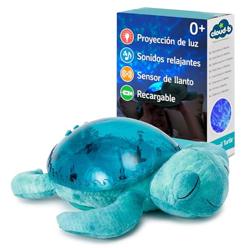 Cloud B Nightlight Musical Tranquil Turtle Recargable Aqua | Proyecciones submarinas | 4 sonidos relajantes | Brillo ajustable| Temporizador | Detector de llanto | Tejido reciclado