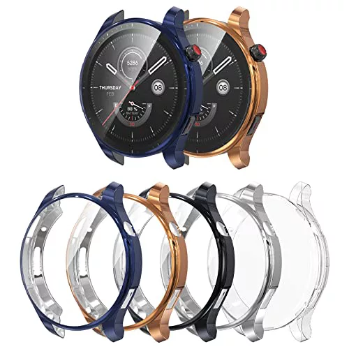 Bigqin 5 Piezas Funda Compatible con Amazfit GTR 4, Protector de Pantalla Compatible con Amazfit GTR 4- Azul/Negro/Oro rosa/Transparente/Plata