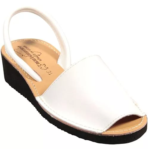 HECHO EN ESPAÑA Sandalias Ibicencas, Menorquinas de Piel con Cuña, 4 cm de Altura, Ibicencas de Verano, Cuero, Suela Ligera (BLANCO CUÑA, Sistema tallas calzado EU, Adulto, Números, mediano, 36)