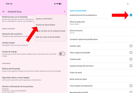 Desactivación del modo inalámbrico en los ajustes de desarrollo de Android Auto