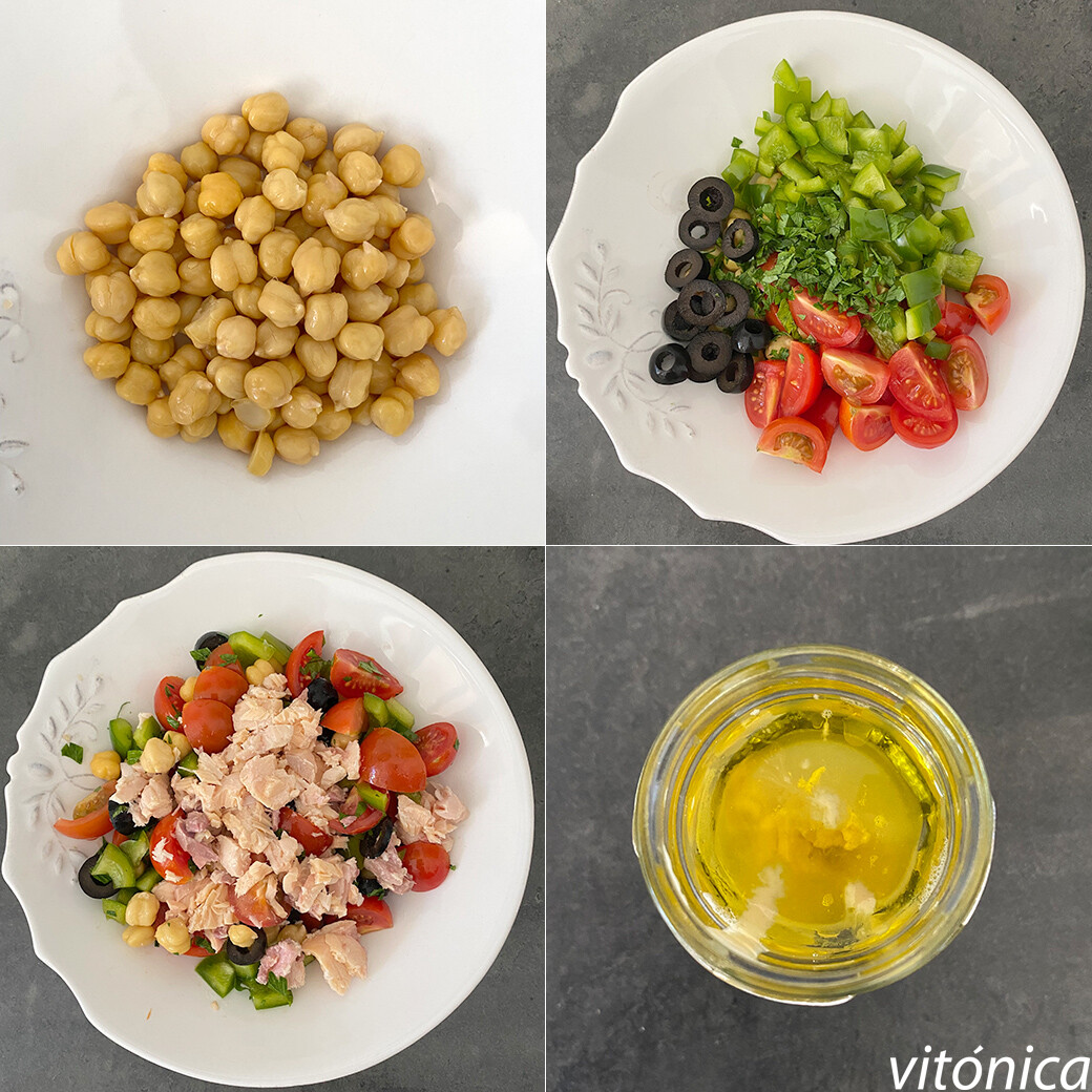 Ensalada de garbanzos con salmón. Receta de cocina fácil, sencilla y