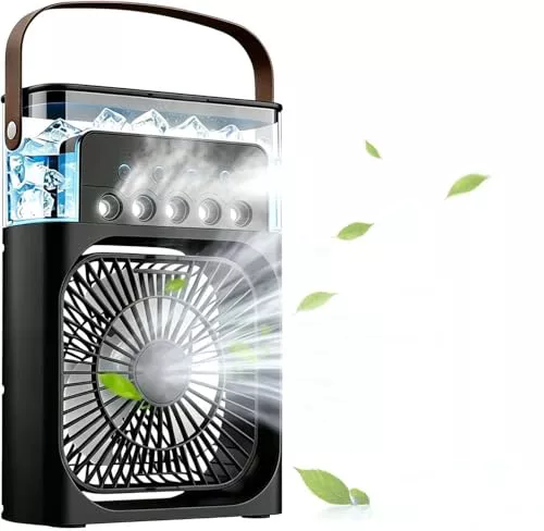 Ventilador Humidificador Aromatizador, Pequeño Aire Acondicionado Portátil 4 en 1. 3 Velocidades, 3 Modos, Temporizador 1-3h, Silencioso, Luz LED 7 Colores, Enfriador Hogar y Exteriores (Negro)