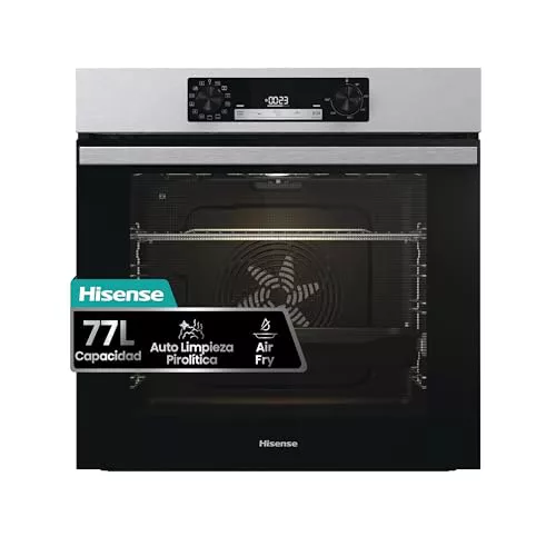 Hisense BI64EPXE1SOL-Horno Multifunción, Horno electrico empotrable, 77L, Auto-limpieza Pirolítica, Guía Telescópica Pirolizable, Modo Air Fry, Pizza, Cocción Multi-Etapas, Calentamiento rápido, Inox