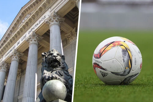 Composición con imagen del Congreso de los Diputados de Madrid y foto de un balón de fútbol