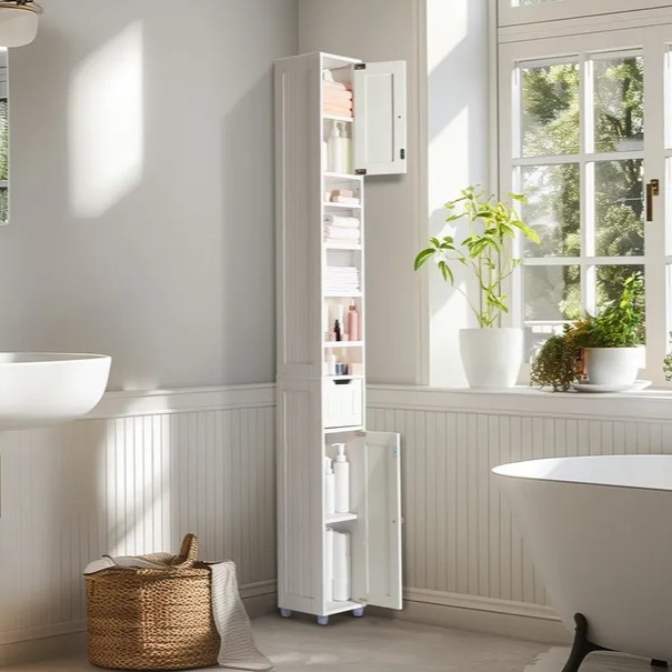 VOUNOT Armario Alto de Baño, Mueble Columna para Baño 2 Puertas y 1 Cajón, Mueble Auxiliar de Almacenaje, 20x20x180cm Blanco