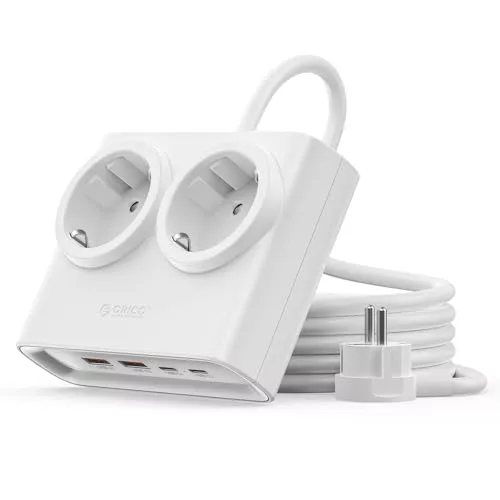 ORICO Regleta Enchufes Plana PowerBrick GAN 25W, 2 Tomas AC y 4 USB, Blanco
