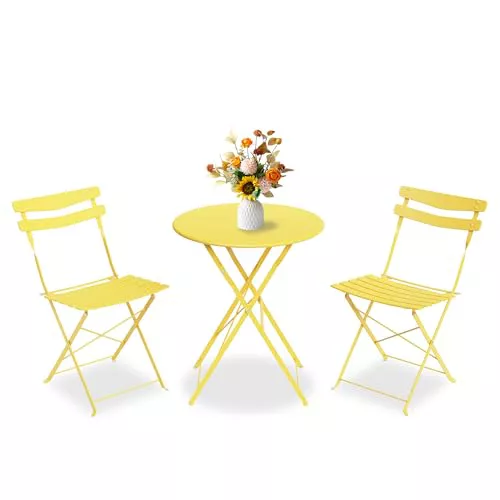 GarveeLife Juego de Bistró 3 Piezas Plegable Mesa y 2 Sillas Metal Amarillo Sin Montaje