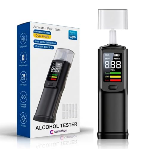 CAMTHON | Alcoholimetro Digital Portátil, Test Alcoholemia Preciso con Boquillas, Medidor de Alcohol Profesional para Uso Personal, Breathalyzer para Control de Alcohol