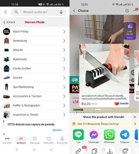左側は、スクリーンショットを撮影したことを検出したアプリケーション (そして Android が通知)、右側はスクリーンショットを撮影したものの非公式の方法を使用しているため、Android は通知しなかったアプリです。