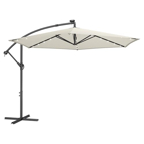 SONGMICS Sombrilla para Balcón con Iluminación LED Solar, Brazo de 300 cm de Diámetro, 32 Luces, con Base, Parasol UPF 50+, con Manivela, para Terraza, Jardín, Beige GPU118M01
