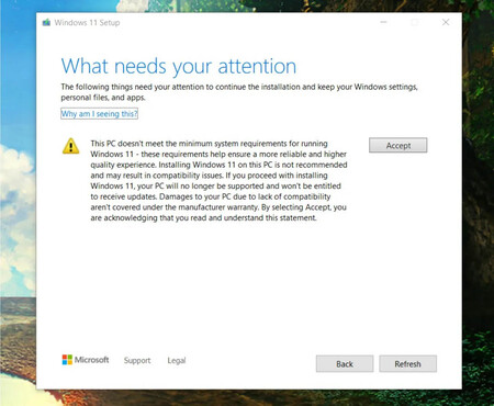Microsoft publica un aviso al instalar Windows 11 en PC's no compatibles: dejará de estar cubierto por la garantía del fabricante