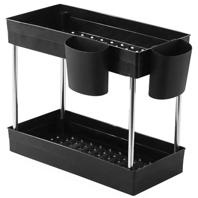 Organizador para debajo del fregadero, estante de 2 niveles con 2 portavasos, ideal para el baño y la cocina.
