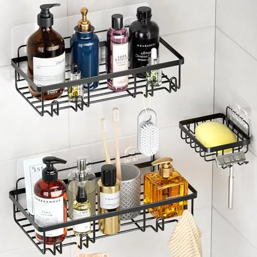 WELDUN Estantería de ducha sin taladrar, 3 unidades de acero inoxidable, para baño, champú, gel de ducha, color negro