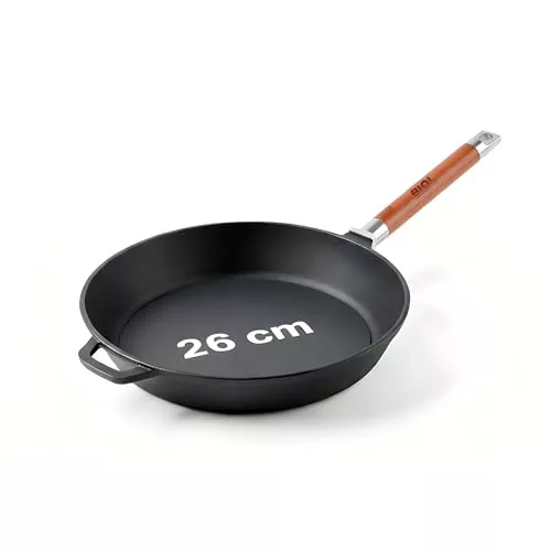 BIOL Sartén profunda de hierro fundido con tapa de vidrio resistente al calor y mango de madera desmontable