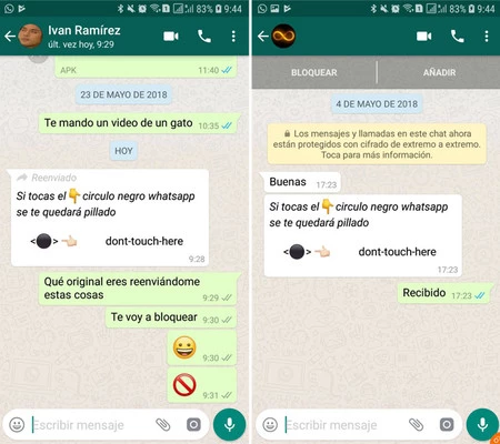 左: メッセージが転送されたことに注目してください。右: 警告なしの元のメッセージを含む元のチャット。