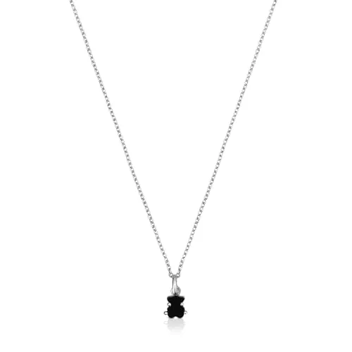 TOUS Collar de Plata de Primera Ley y Cordón con Motivo Oso en Ónix para Mujer, 45cm de Largo, Colección Mini Color
