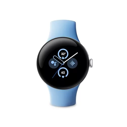 Google Pixel Watch 2 con Fitbit y Google - Control de frecuencia cardiaca, gestión del estrés y seguridad - Smartwatch Android - Caja de aluminio en tono plata - Correa deportiva en celeste - Wi-Fi