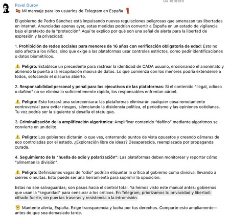 Mensaje de Telegram enviado a los españoles