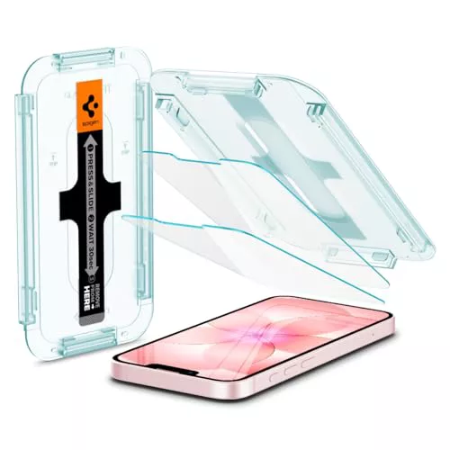 Spigen Glas.tR EZ Fit Protector Pantalla para iPhone 17e, iPhone 16e, iPhone 14, iPhone 13, iPhone 13 Pro, 2 Unidades, Alta Definicion, Dureza 9H