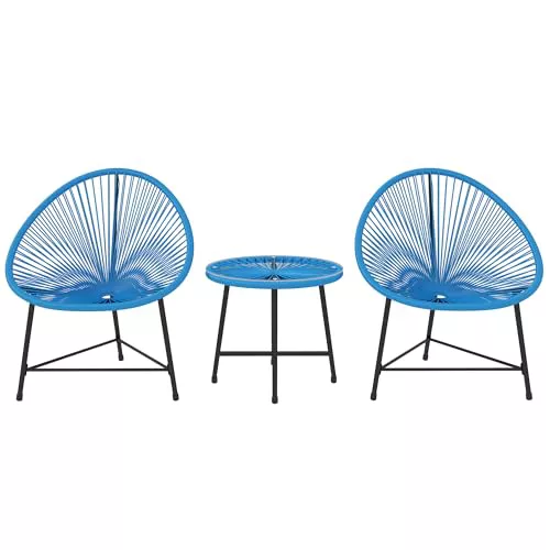 Outsunny Muebles de jardín de Resina Tejida para 2 Personas, Mesa de jardín con 2 sillas, Tapa de Cristal Templado, Muebles de jardín para balcón terraza Patio, Azul