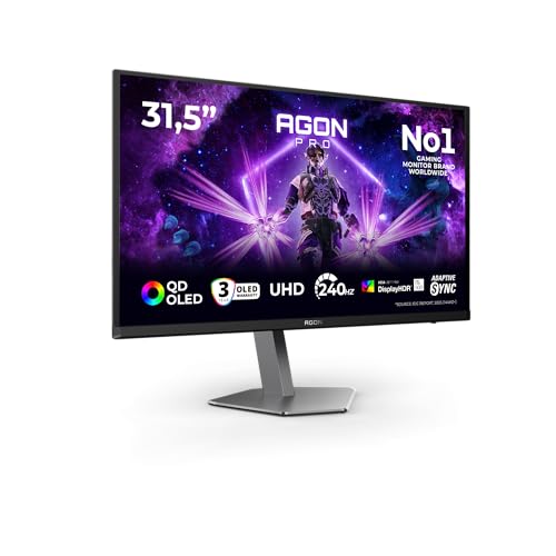 AOC AG326UZD2 Gaming Monitor 32 Pulgadas 240Hz Panel QD-OLED, 0.03ms GtG, HDR500 TrueBlack, G-Sync Compatible, Altavoces, Altura Ajustable, (3840x2160 HDMI 2X 2.1 DP 1x 2.1 USB Hub) Negro