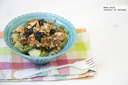 Ensalada de judías verdes, patata y salmón con vinagreta de frutos secos. Receta