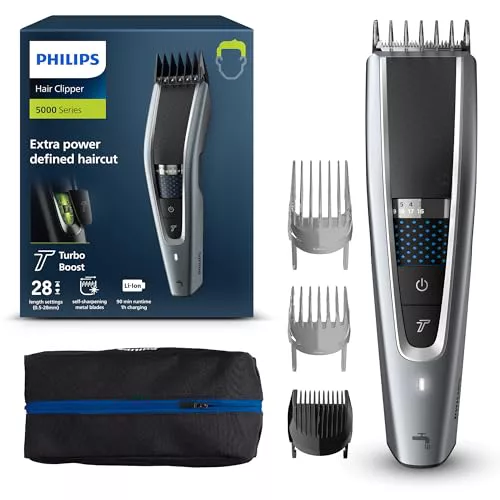 Philips Serie 5000 Hc5630/15 - Cortapelos, 28 Ajustes de Longitud Para Estilo Deseado, 90 Min de Uso Sin Cable, Incluye 3 Peines-Guía y Funda