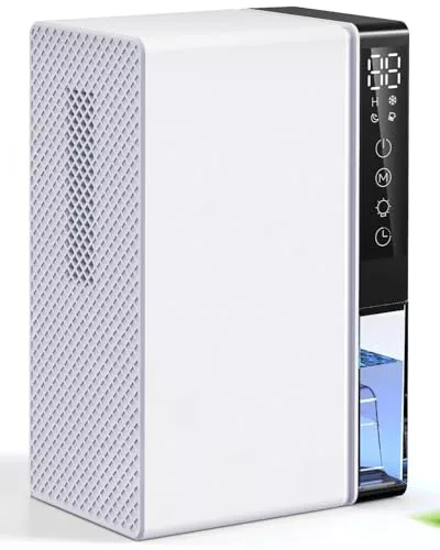 Deshumidificador eléctrico 2.8L, Deshumidificador de habitaciones silencioso con apagado automático, temporizador, modo sleep, luz nocturna de 7 colores, portátil, baño(Blanco nieve)
