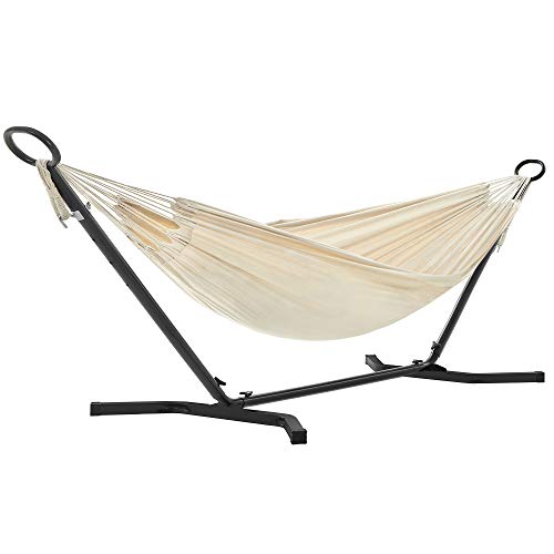 SONGMICS Hamaca con Soporte, Hamaca de 210 x 150 cm, 5 Alturas Ajustables, Portátil, Marco de Metal, Carga de 240 kg, para Patio, Jardín, Negro y Beige GHS001M01