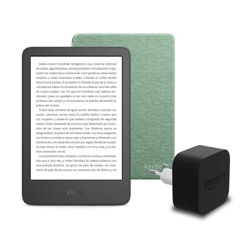 El nuevo Kindle (versión 2024) de 16 GB sin anuncios, una funda de tela de Amazon y un adaptador de corriente Amazon Powerfast de 9 W.