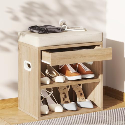 YMYNY Banco Zapatero con Asiento y Cajón, Madera Clara HSC002R