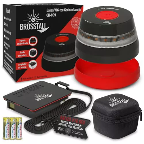 Brosstall Baliza V16 Homologada DGT con Geolocalización, Tarjeta SIM hasta 2038, sin suscripciones, Luz de Emergencia Geolocalizada Conectada con la DGT 3.0 para Coche, Libre de Cargos Adicionales