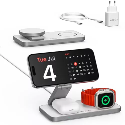 VOOMY 3-en-1 Cargador Inalambrico iPhone 15W, Cargador iPhone MagSafe, Apple Watch y Airpods, Plegable y Soporte Movil, Compatible con Serie 16/15/14/13/12, Apple Watch 10/9/Ultra/8/7/6/5, Airpods Pro