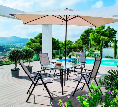 Conjunto De Jardin De Acero Mesa 4 Sillones 1 Parasol Malaga