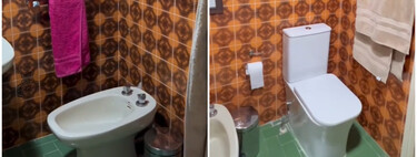 Así ha quedado la reforma sin obras de este baño de los 70 en tonos tierra y baldosas retro: ahora es un espacio fresco y contemporáneo