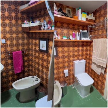 Así ha quedado la reforma sin obras de este baño de los 70 en tonos tierra y baldosas retro: ahora es un espacio fresco y contemporáneo