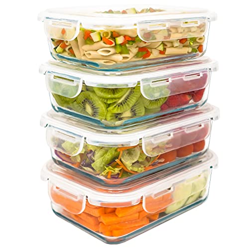 LG Luxury & Grace Pack 4 Fiambrera de Cristal 1000 ml. Recipientes Herméticos para Alimentos. Envases Contenedores. Recipiente Aptos para Microondas, Horno, Lavavajillas y Congelador. Sin BPA.