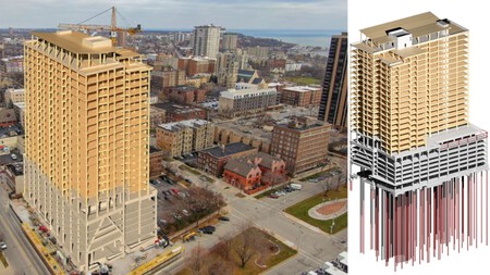 Essas imagens combinadas mostram claramente a aparência de um arranha-céu de madeira laminada com base de concreto. O Ascent tem quase 90 metros de altura e está localizado em Milwaukee, EUA. O diagrama esquemático também mostra claramente a base de concreto e as estacas que a ancoram ao solo. (Fonte da imagem: Thornton Tomasetti)