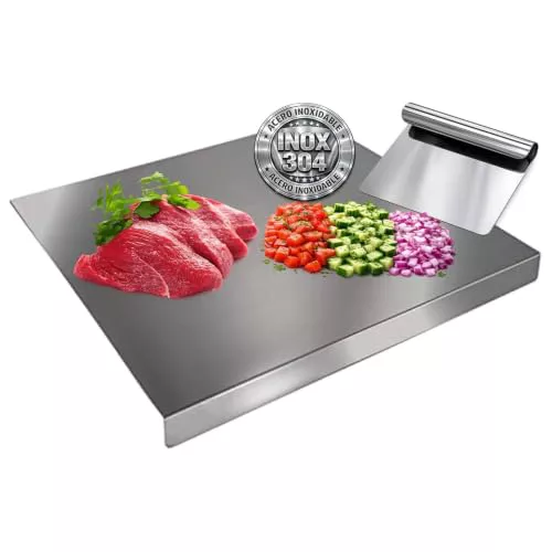 PACK Espátula + Tabla de Cortar Acero Inoxidable 40x30 cm - Higiénico y Antibacteriano - Ideal para Carne, Frutas, Verduras o Amasar - Fácil de Limpiar (PACK TABLA + ESPÁTULA)