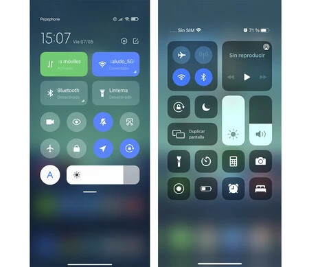 左側がXiaomiコントロールセンター。右がiOS。